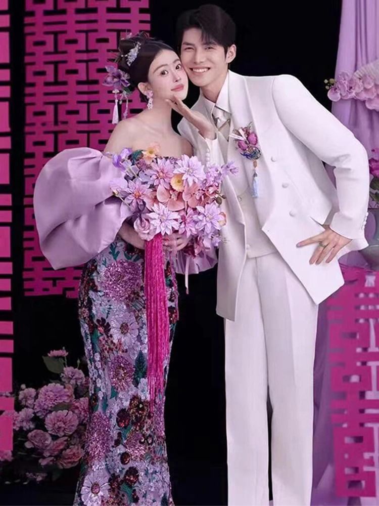 Evening Mermaid Sequin Gown Floral Strapless