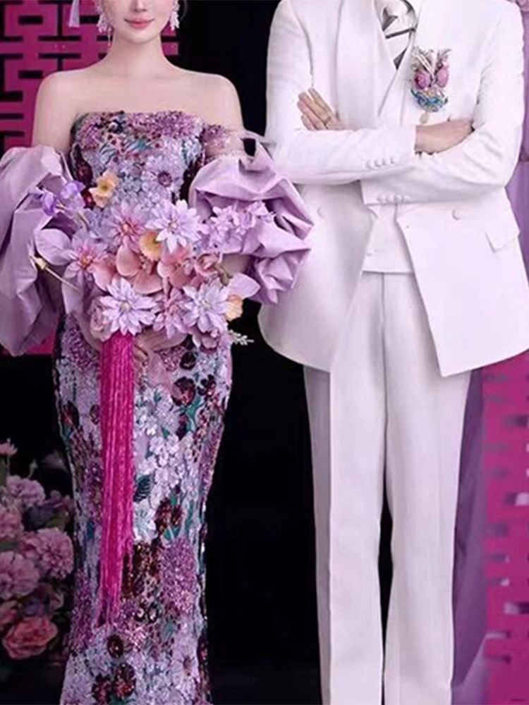 Evening Floral Gown Sequin Mermaid Strapless