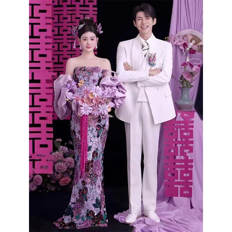 Evening Floral Gown Sequin Mermaid Strapless