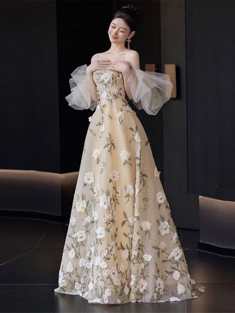 Evening Embroidered Gown Floral Strapless A-Line