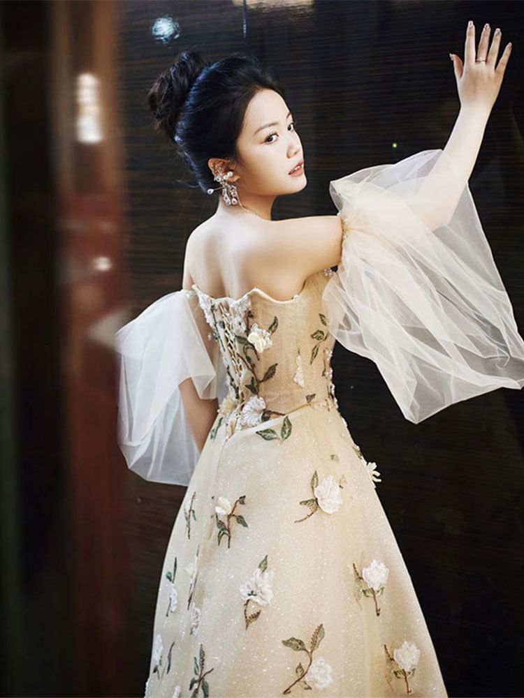 Evening Embroidered Gown Floral Strapless A-Line