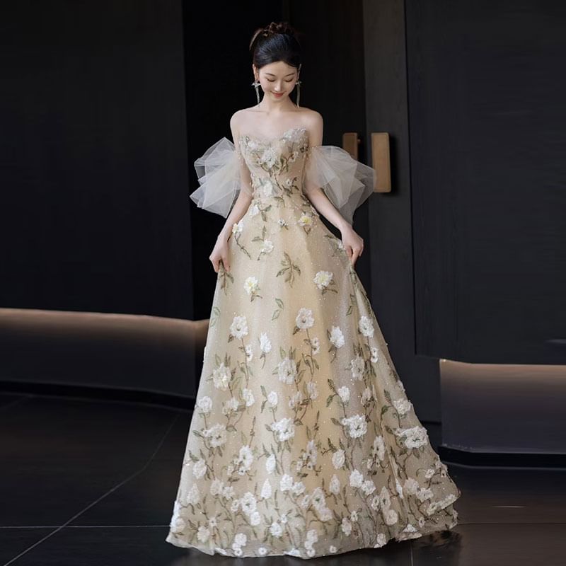 Evening Embroidered Gown Floral Strapless A-Line