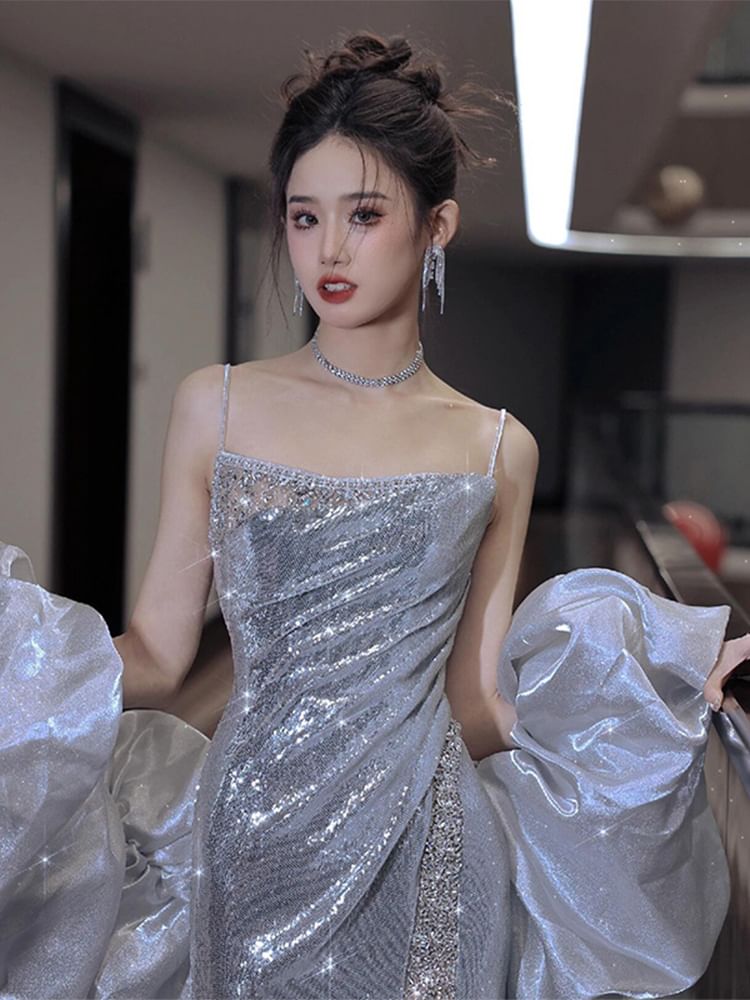 Sequin Evening Gown Strap Spaghetti Mermaid