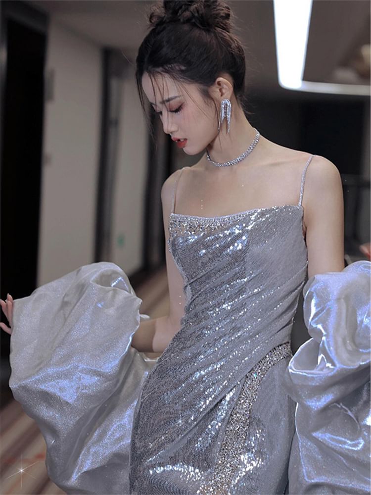 Sequin Evening Gown Strap Spaghetti Mermaid