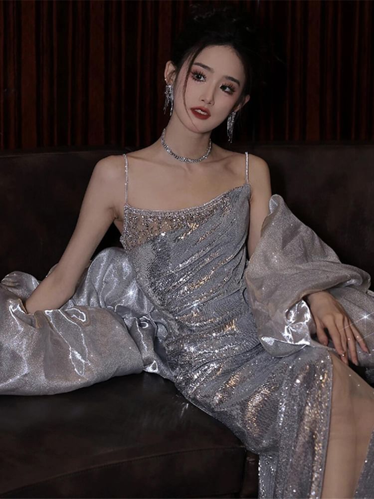 Sequin Evening Gown Strap Spaghetti Mermaid