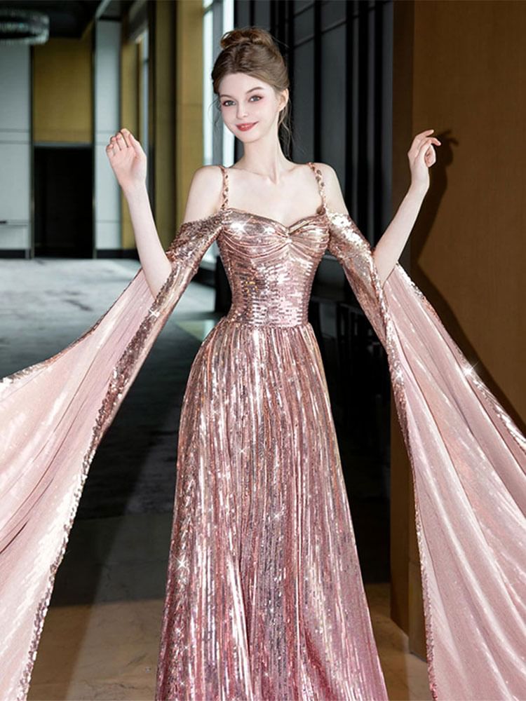 Cape-Sleeve Gown A-Line Evening Cold-Shoulder Sequin