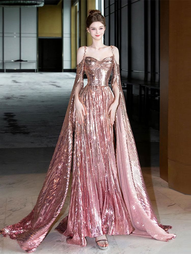 Evening Cape-Sleeve A-Line Gown Sequin Cold-Shoulder