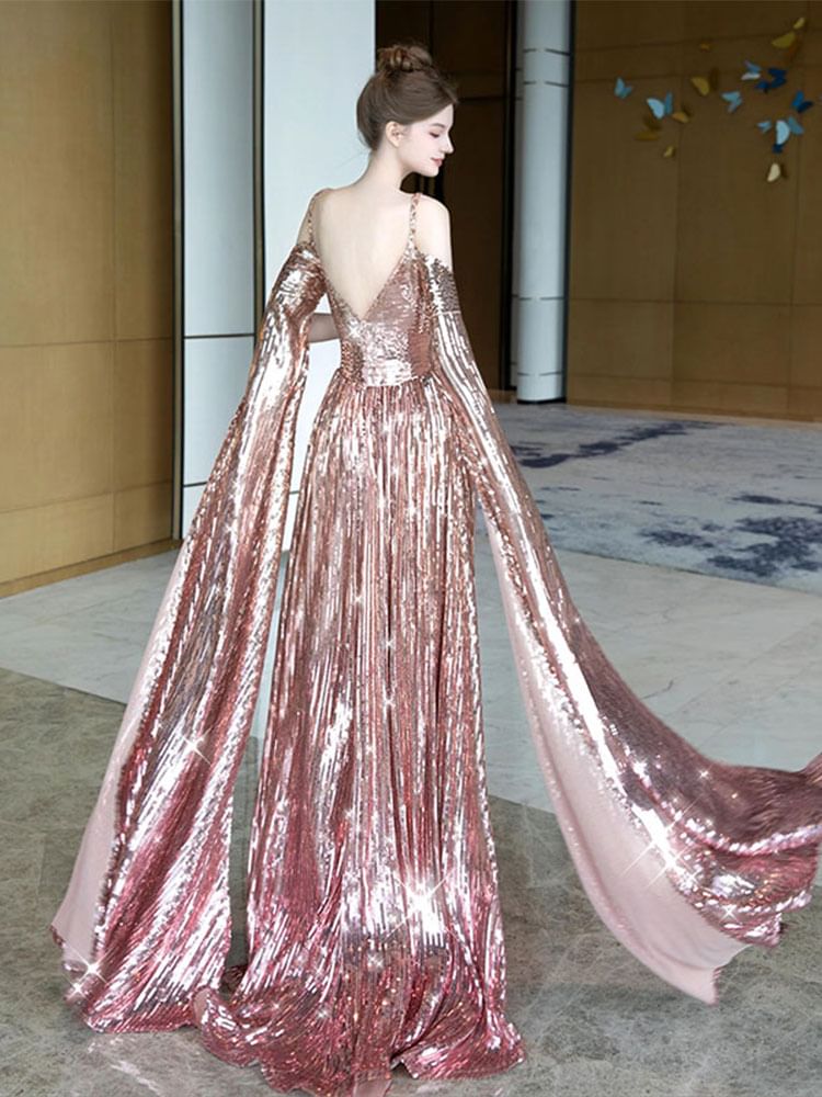 Cape-Sleeve Gown A-Line Evening Cold-Shoulder Sequin