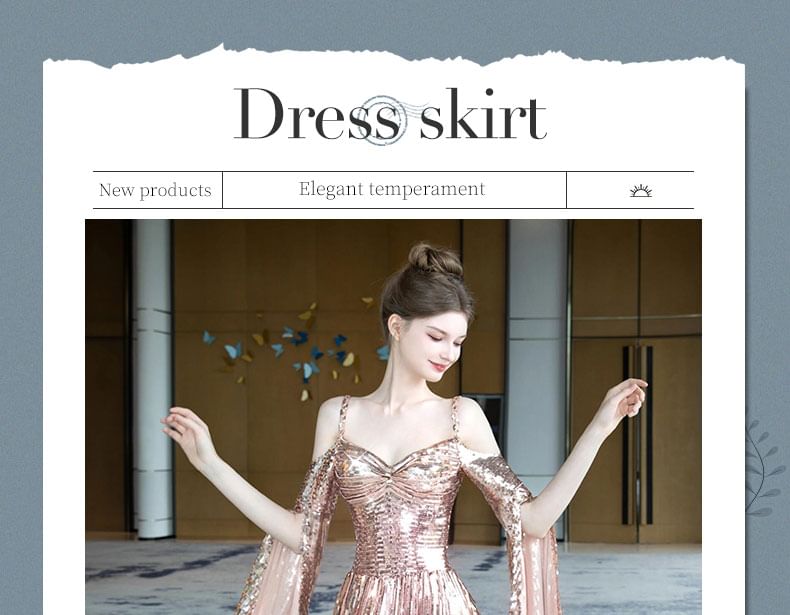 Evening Cape-Sleeve A-Line Gown Sequin Cold-Shoulder