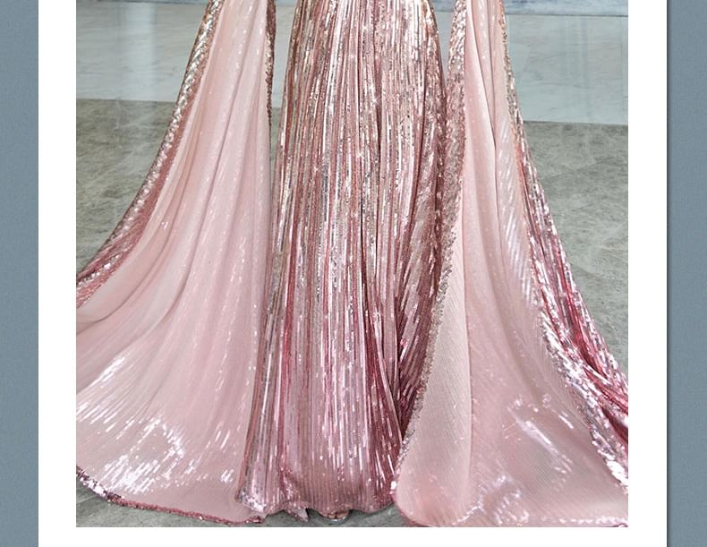 Cape-Sleeve Gown A-Line Evening Cold-Shoulder Sequin