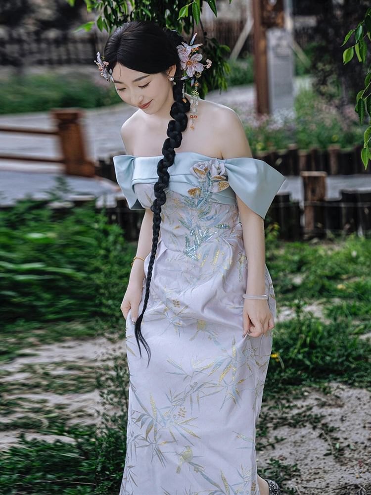 Sequin Gown Off-Shoulder Sleeveless Sheath Floral Evening