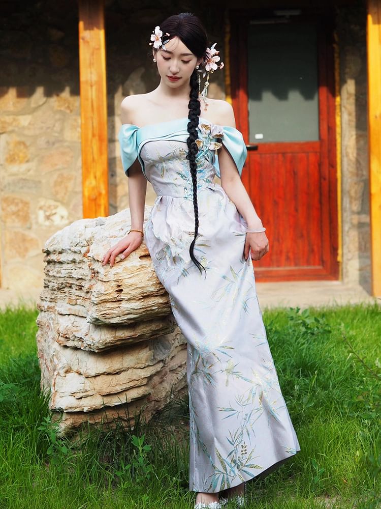 Off-Shoulder Sleeveless Evening Sequin Floral Sheath Gown