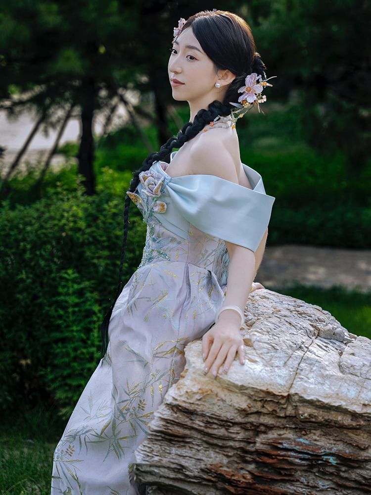 Off-Shoulder Sleeveless Evening Sequin Floral Sheath Gown