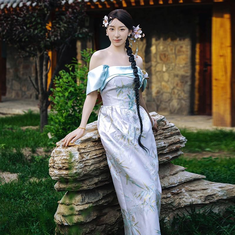 Off-Shoulder Sleeveless Evening Sequin Floral Sheath Gown