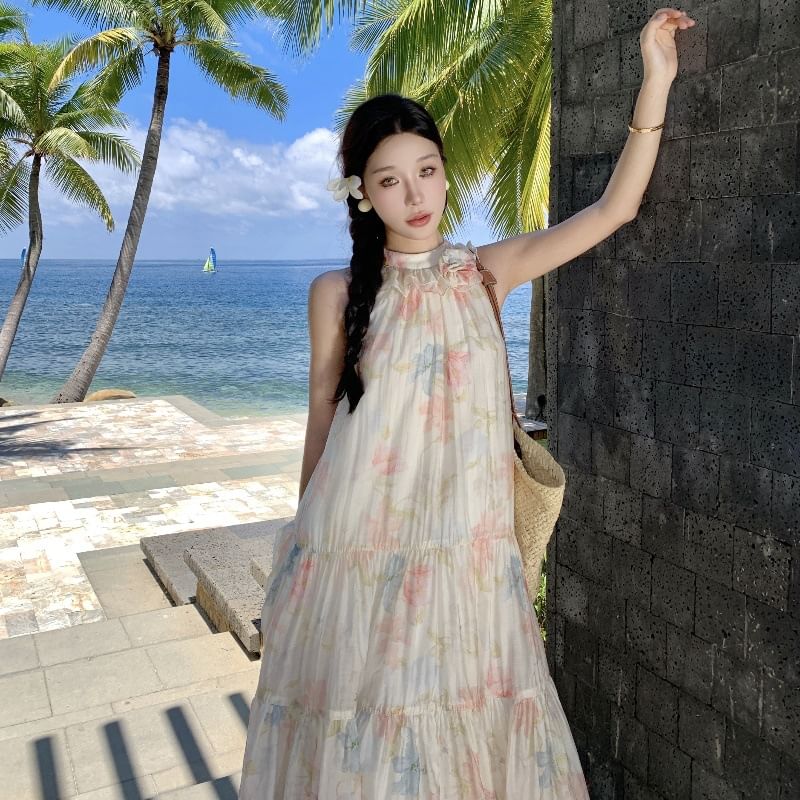Floral Midi A-Line Halter Sleeveless Tiered Sundress