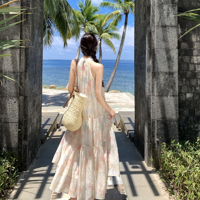 Floral Midi A-Line Halter Sleeveless Tiered Sundress