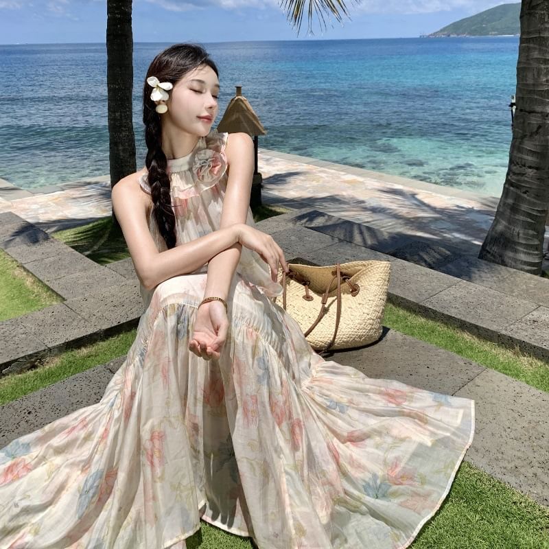 Floral Midi A-Line Halter Sleeveless Tiered Sundress