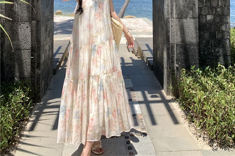 Floral Midi A-Line Halter Sleeveless Tiered Sundress