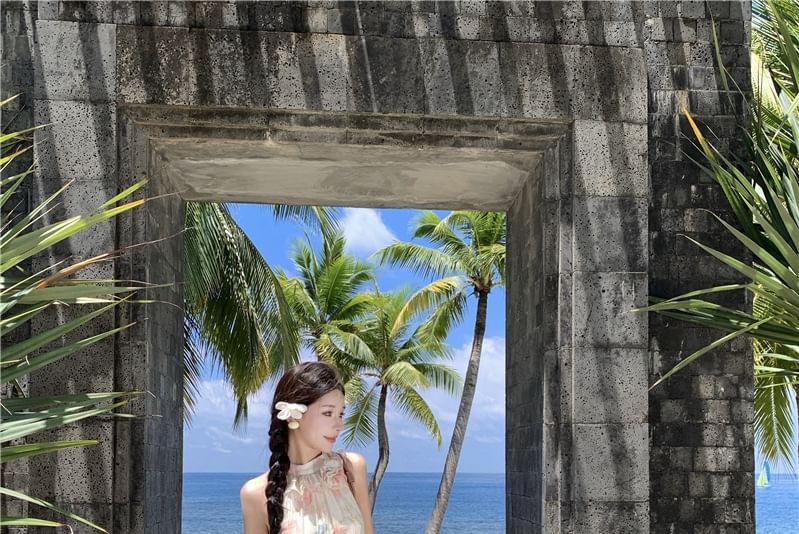 Floral Midi A-Line Halter Sleeveless Tiered Sundress