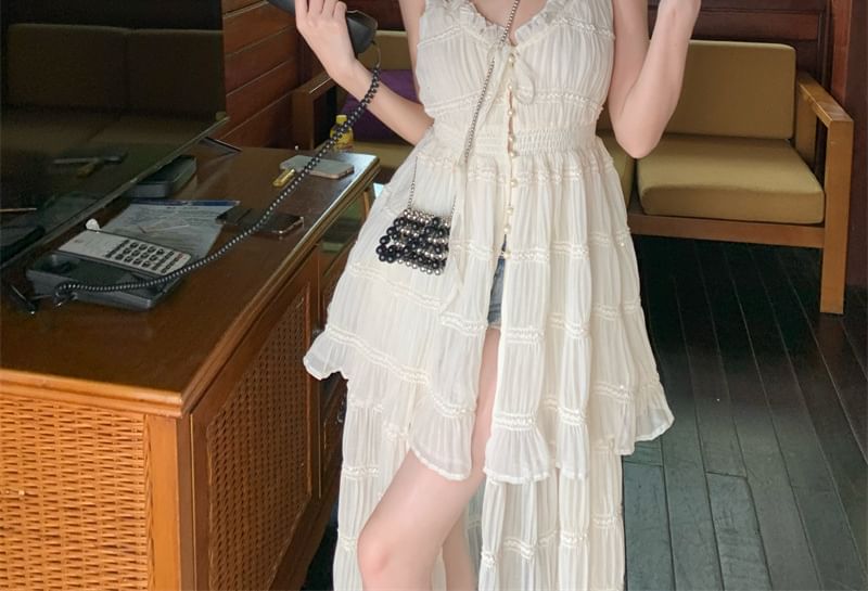 Sleeveless A-Line Button Dress Maxi Slit Plain