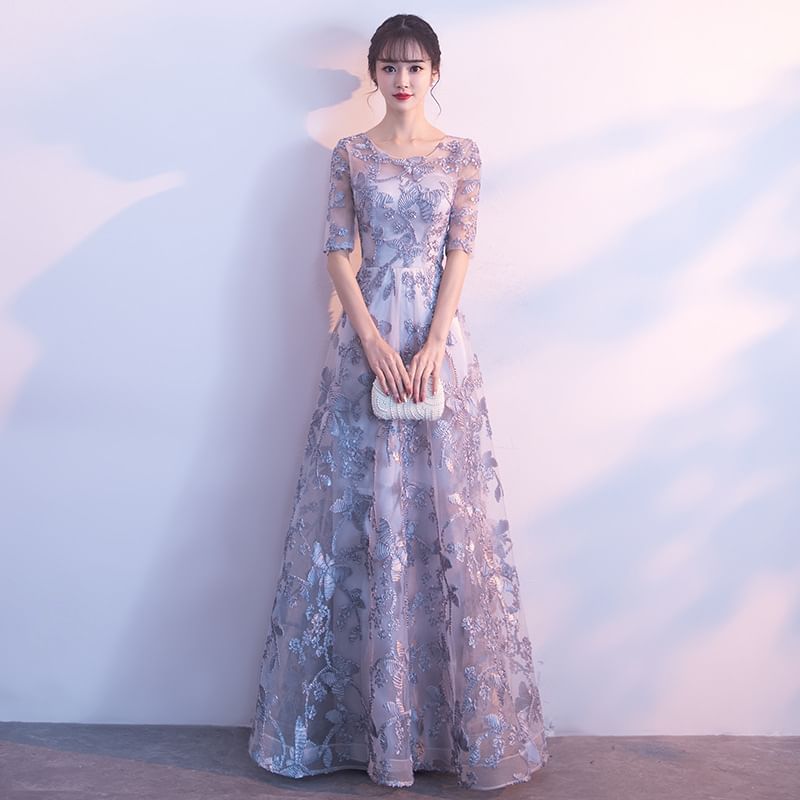 Neck Evening Embroidered Elbow-Sleeve Scoop Butterfly A-Line Gown