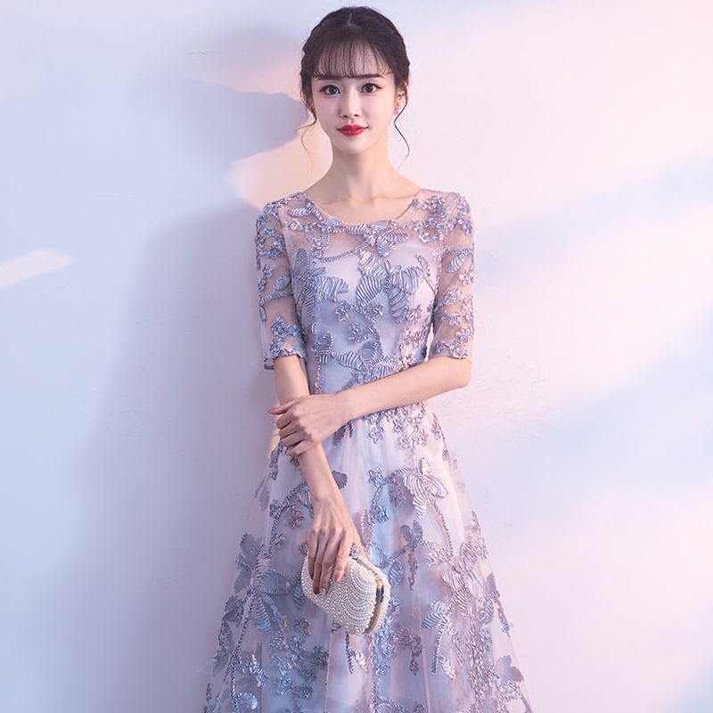 Neck Evening Embroidered Elbow-Sleeve Scoop Butterfly A-Line Gown