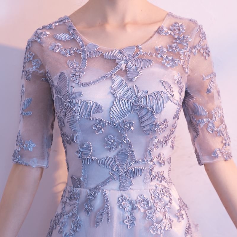 Neck Evening Embroidered Elbow-Sleeve Scoop Butterfly A-Line Gown