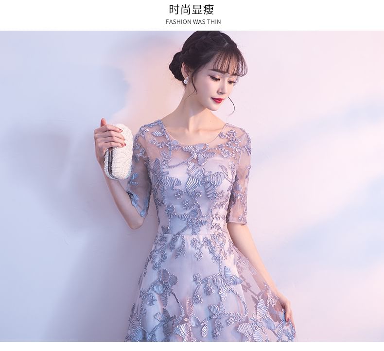 Neck Evening Embroidered Elbow-Sleeve Scoop Butterfly A-Line Gown