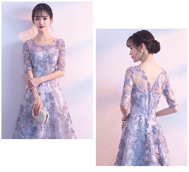 Neck Evening Embroidered Elbow-Sleeve Scoop Butterfly A-Line Gown