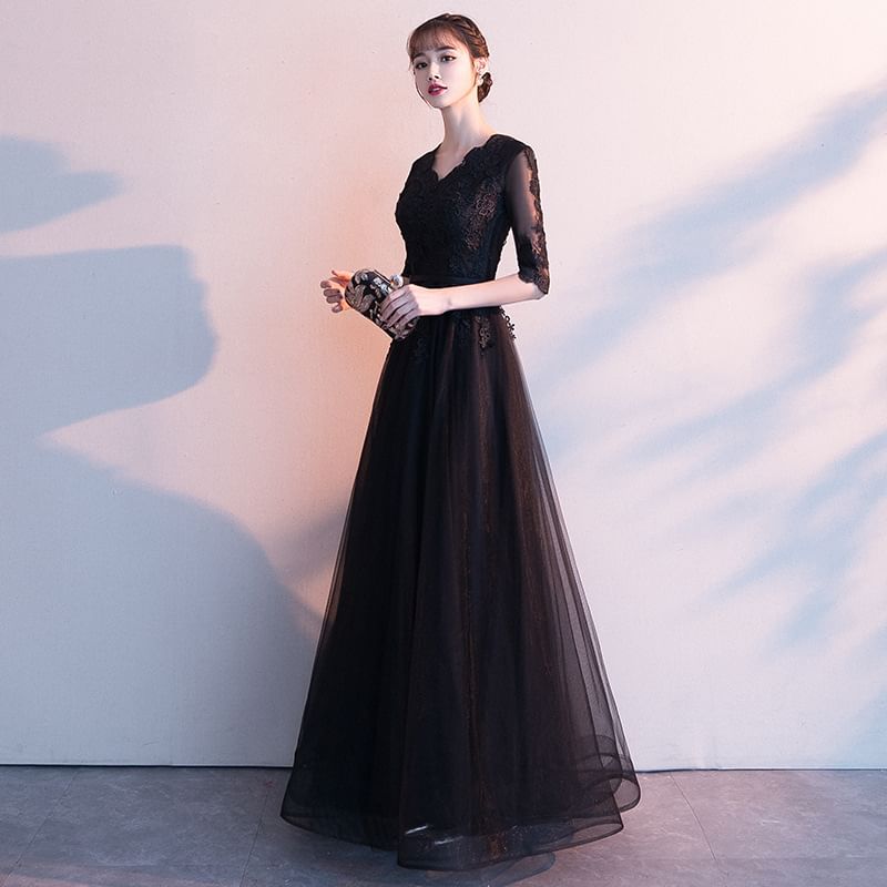Evening Lace A-Line V-Neck 3/4-Sleeve / Cocktail Gown Asymmetrical Dress