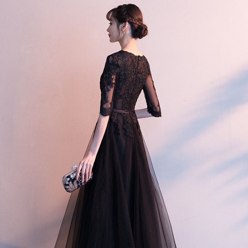 Evening Lace A-Line V-Neck 3/4-Sleeve / Cocktail Gown Asymmetrical Dress
