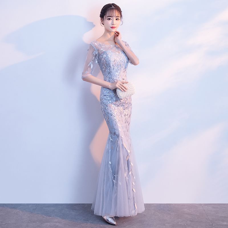 Neck Elbow-Sleeve Mermaid Sequin Evening Boat Gown