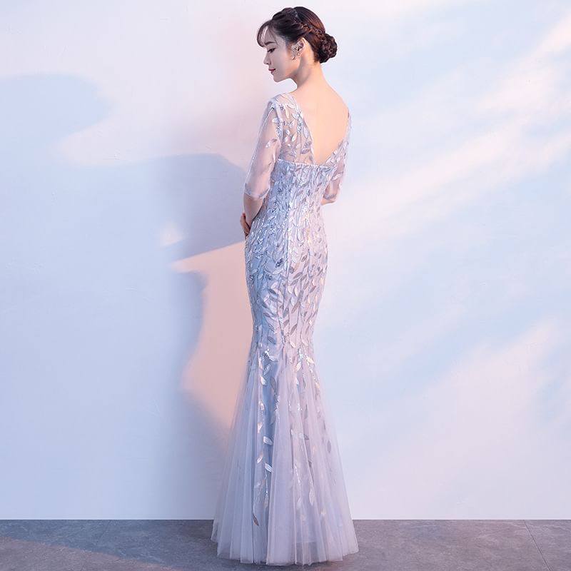 Neck Elbow-Sleeve Mermaid Sequin Evening Boat Gown