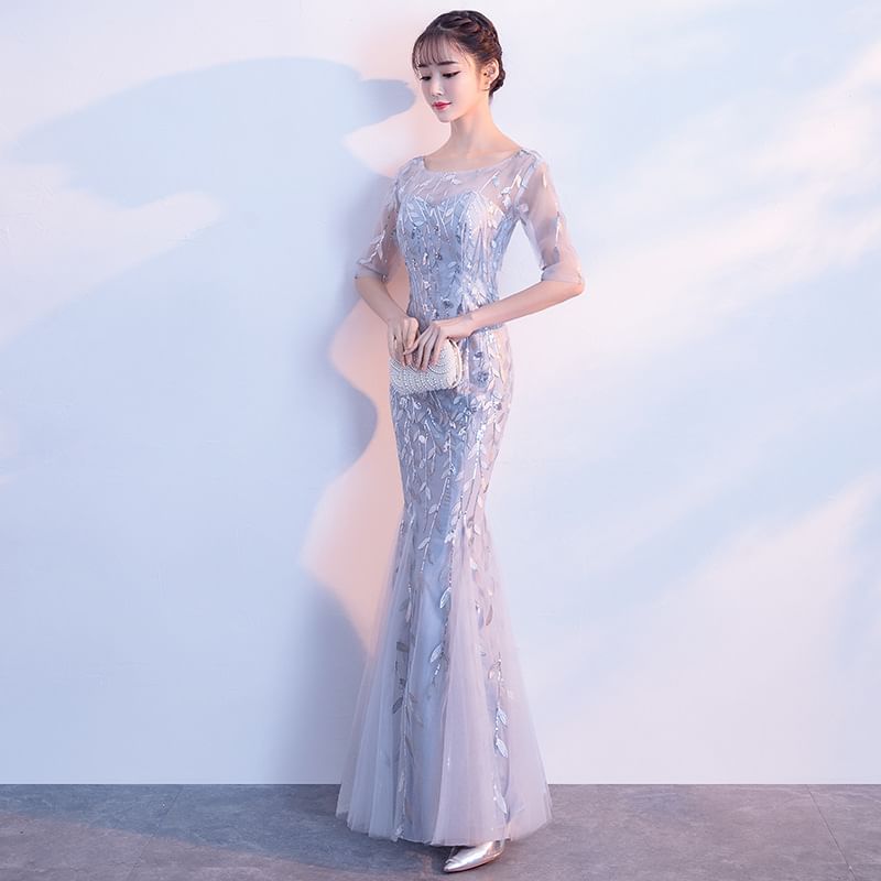 Neck Elbow-Sleeve Mermaid Sequin Evening Boat Gown