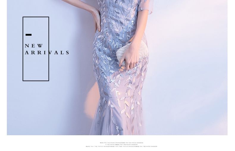 Neck Elbow-Sleeve Mermaid Sequin Evening Boat Gown