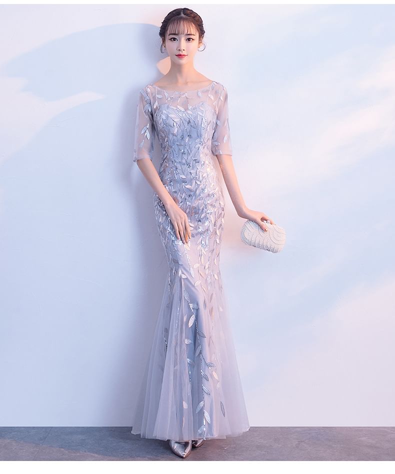 Neck Elbow-Sleeve Mermaid Sequin Evening Boat Gown