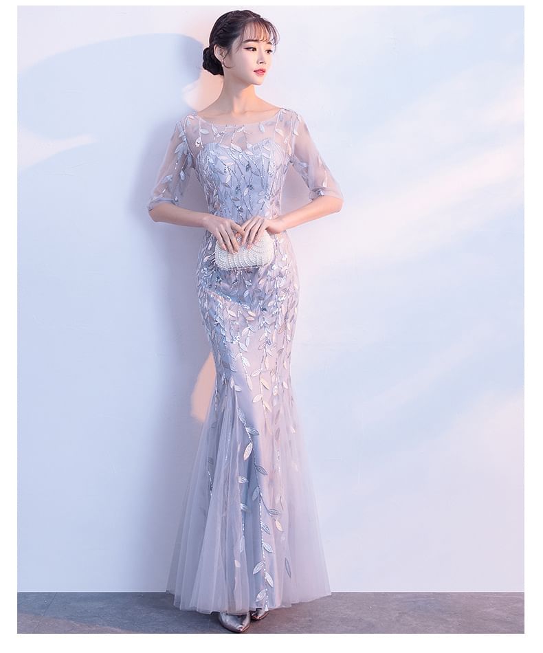 Neck Elbow-Sleeve Mermaid Sequin Evening Boat Gown