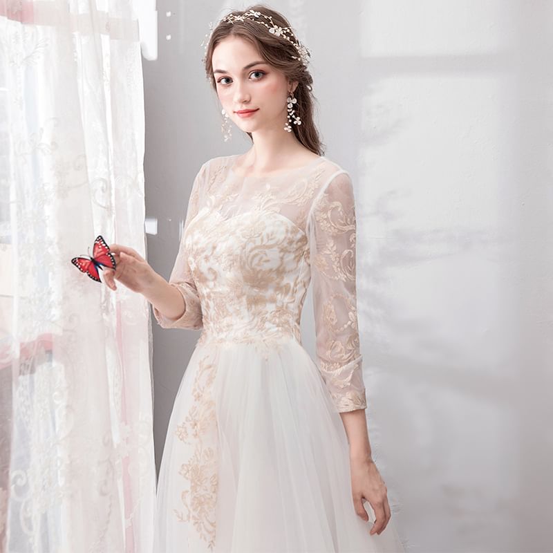 Gown Neck 3/4-Sleeve Wedding Mesh A-Line Scoop