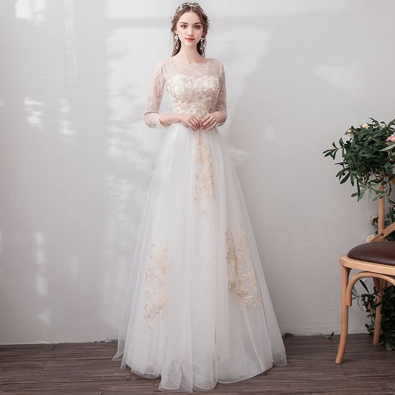 Gown Neck 3/4-Sleeve Wedding Mesh A-Line Scoop