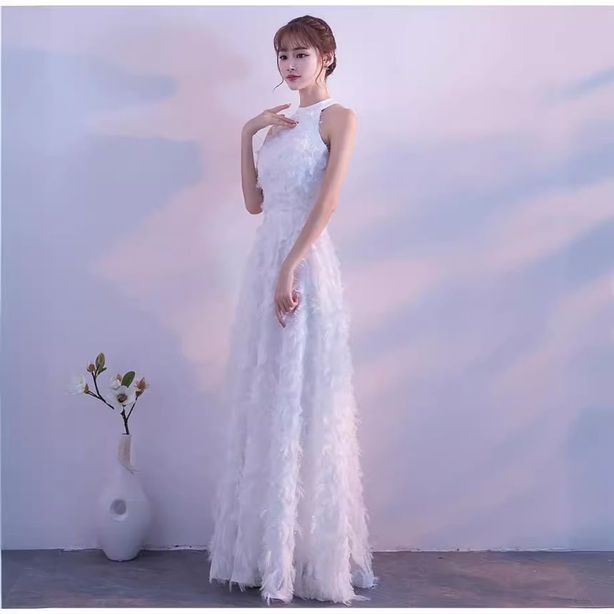 Fringed Gown A-Line Evening Plain Halter