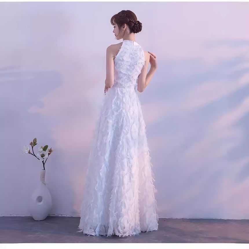 Fringed Gown A-Line Evening Plain Halter