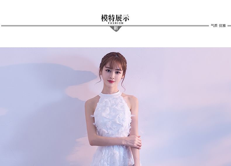 Fringed Gown A-Line Evening Plain Halter