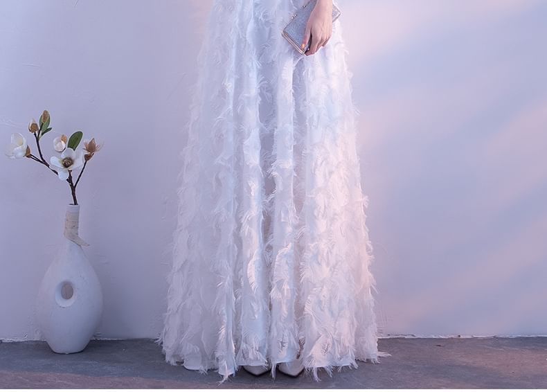 Fringed Gown A-Line Evening Plain Halter