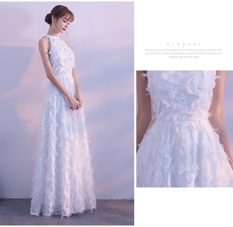 Fringed Gown A-Line Evening Plain Halter