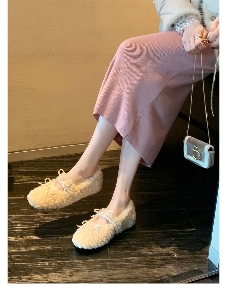Jane Mary Wedge Bow Fleece Shoes Hidden