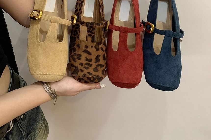 Faux T-Strap Square Suede Toe Flats