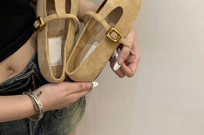 Faux T-Strap Square Suede Toe Flats