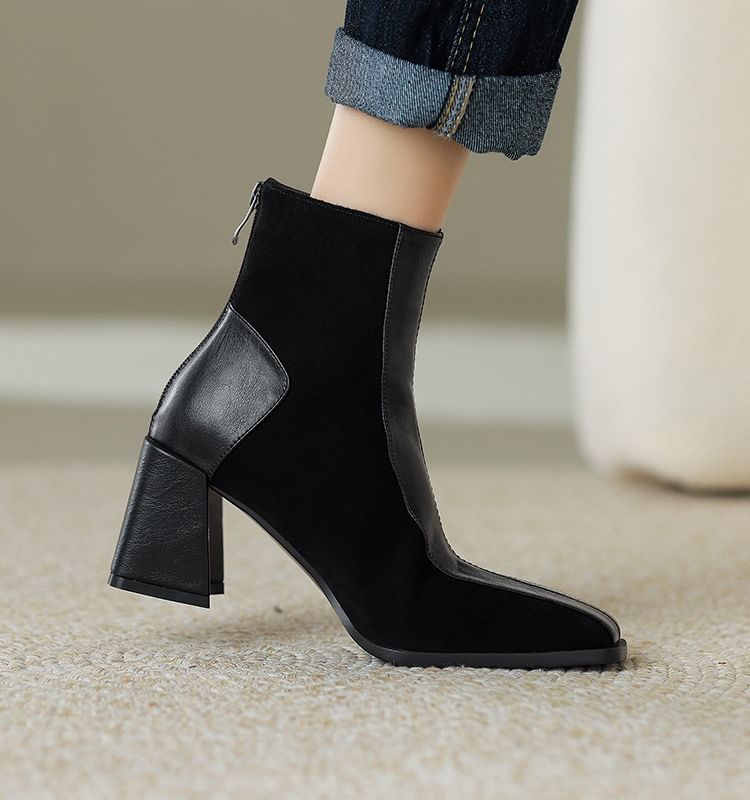 Panel Block Toe Heel Boots Short Square Faux Suede