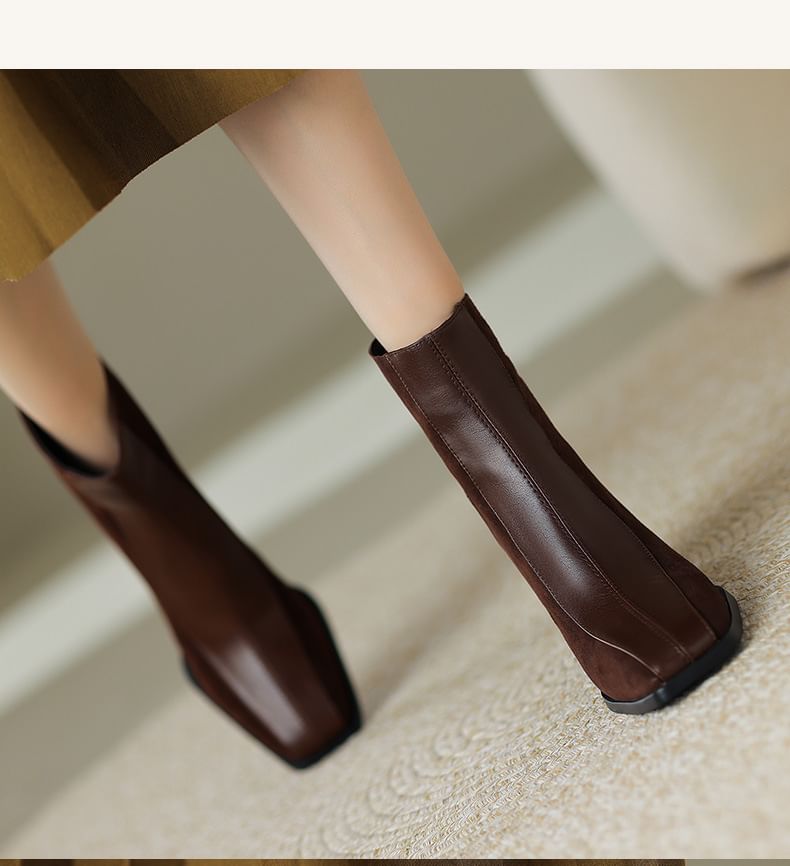 Panel Block Toe Heel Boots Short Square Faux Suede