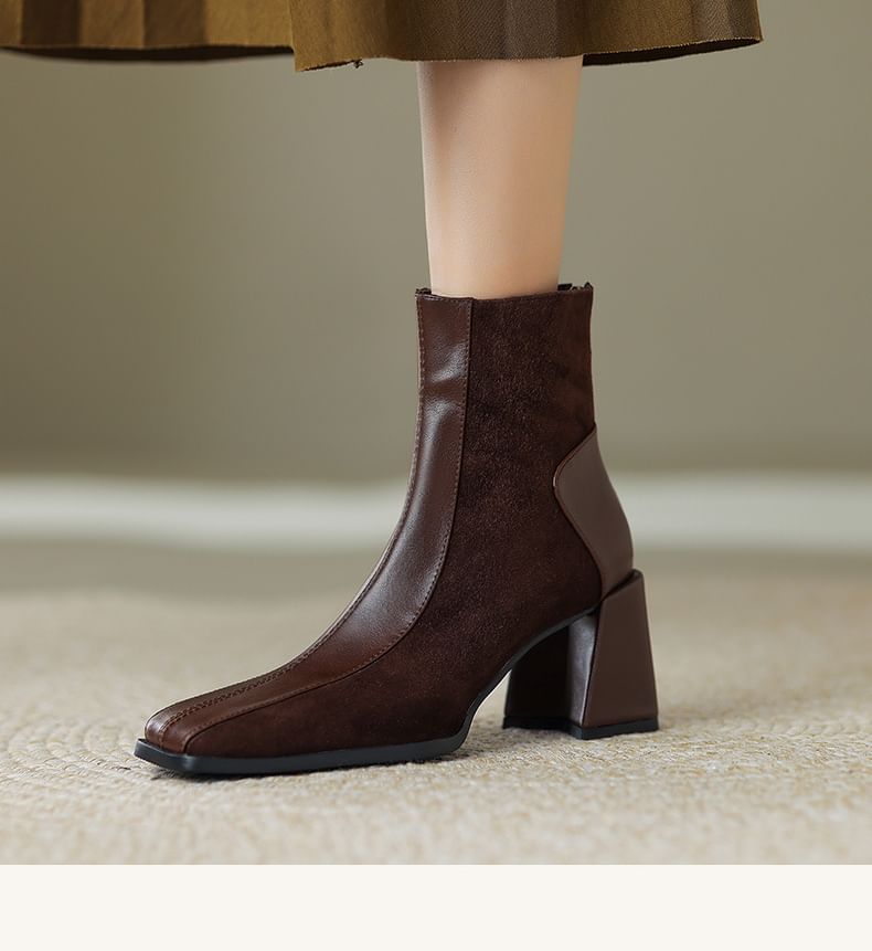 Panel Block Toe Heel Boots Short Square Faux Suede